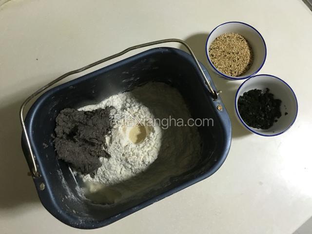 将除花椒叶碎和芝麻以外的所有面团材料放入面包机桶中（请预留2、30克的水视面团的软硬度再酌情加减），开启面包机和面程序一共和面40分钟；