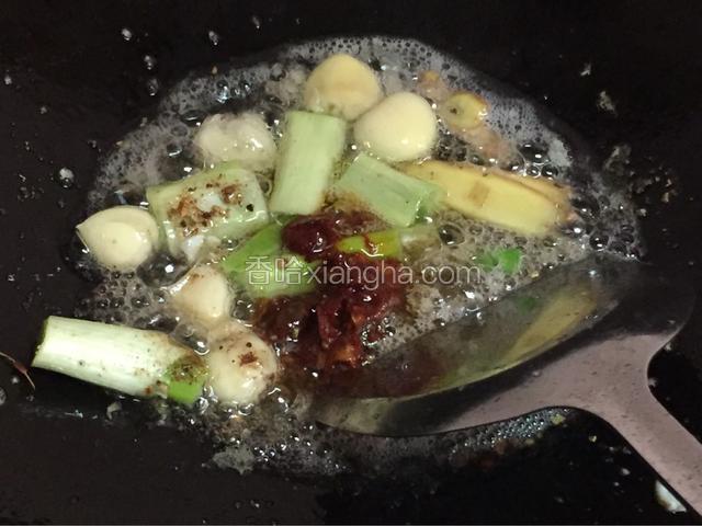 锅里烧油，下入盘子中的调料，以及三小勺豆瓣酱翻炒出香味