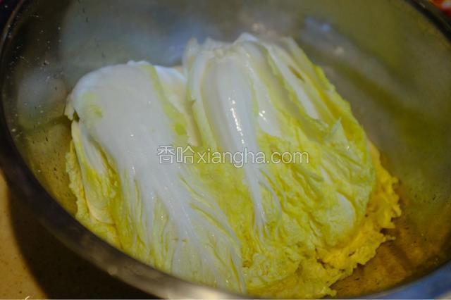 制作腌白菜：将买好的白菜洗净、抹盐，每一片白菜都抹，要均匀，压上重物（可以是大碗），放置冰箱一晚。
