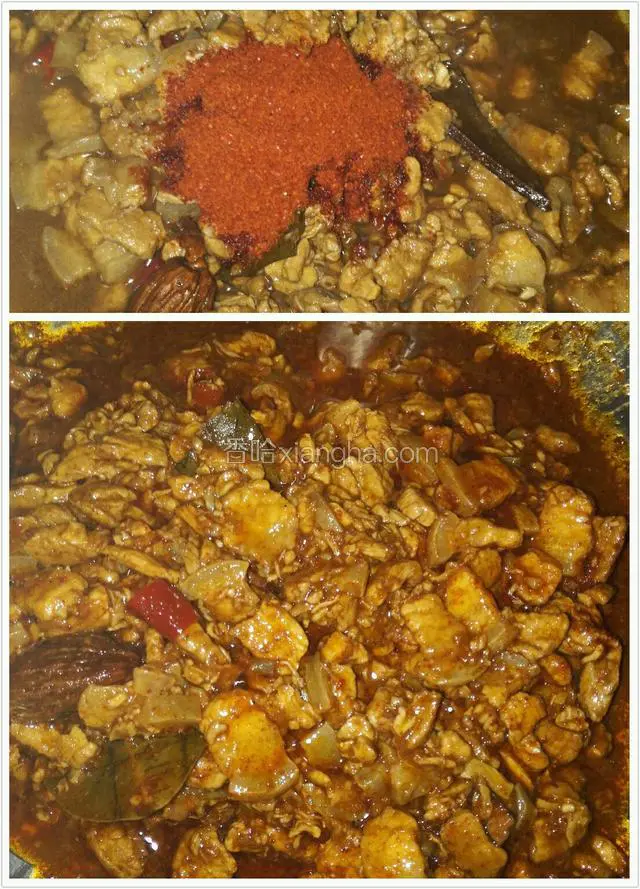 此时先关火，然后加入辣椒面，炒匀