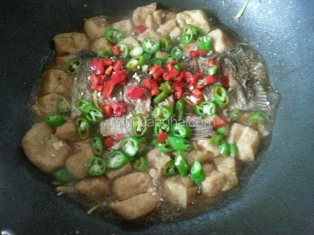 然后加入清水煮开，之后就放入油豆腐盖上盖打到中火慢慢焖十五分钟，开盖放上青辣椒
，再焖两分钟，就放生抽，鸡精，
然后再放红辣椒，再煮一分钟就可以了。