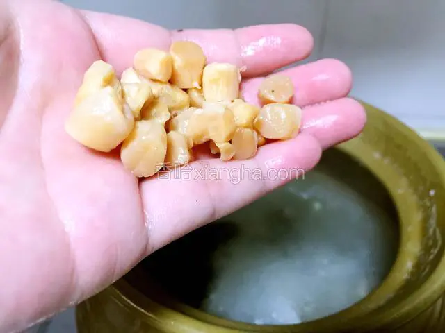 东北大米洗净提前浸泡20分钟左右，放进鱼骨汤和瑶柱一起熬到米粒软烂。