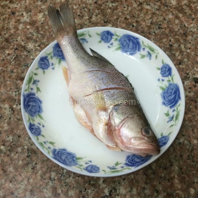 取一碗，加入葱、姜，1/4茶勺的盐，和一汤勺料酒，抓匀腌制15分钟左右。料汁倒入鱼盘里，腌制一会。