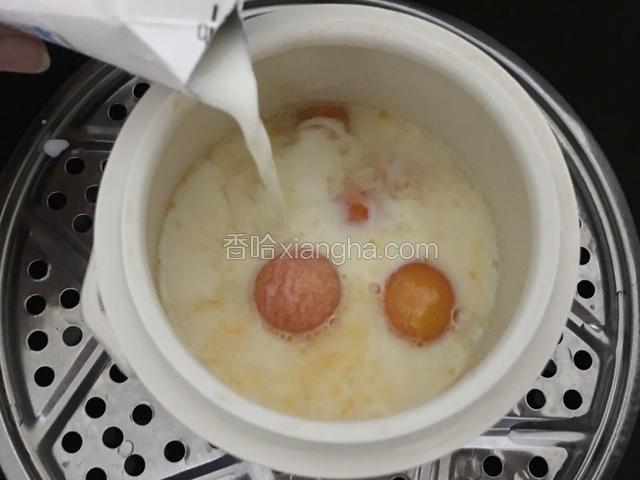 牛奶瓶边角剪开口，把牛奶全部倒入炖盅内。盖上盖子中火继续炖2分钟即可。