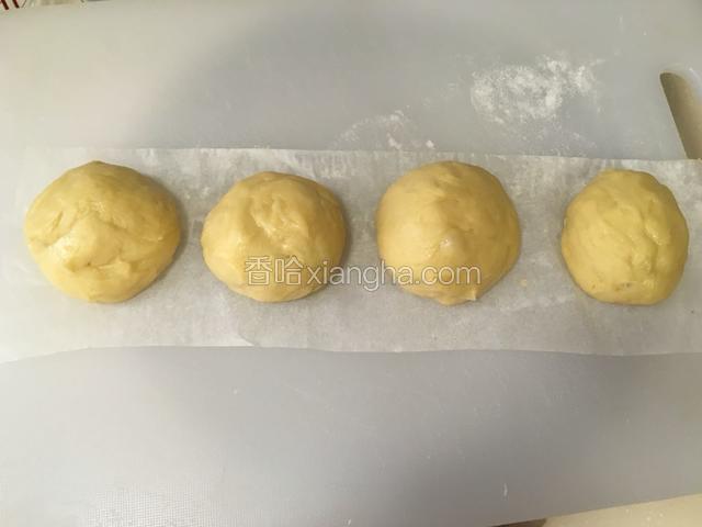 发酵好的面团揉揉排气。分成4小份。进行二次醒发15分钟。