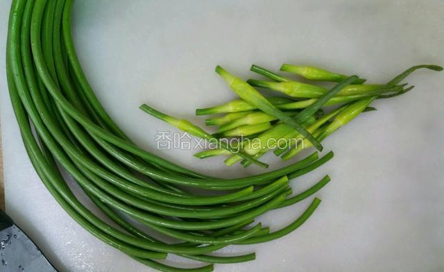 蒜台一把清洗干净，切掉尾部