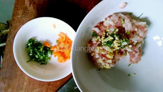 五花肉剁成末，红萝卜，葱切末。生姜忘拍了。