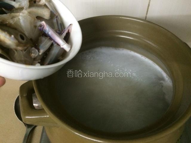 期间中小火慢煮至大米开花后，倒入河蟹继续煮。