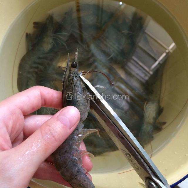用剪刀剪去虾的须、嘴，以整齐美观，方便入口为宜。