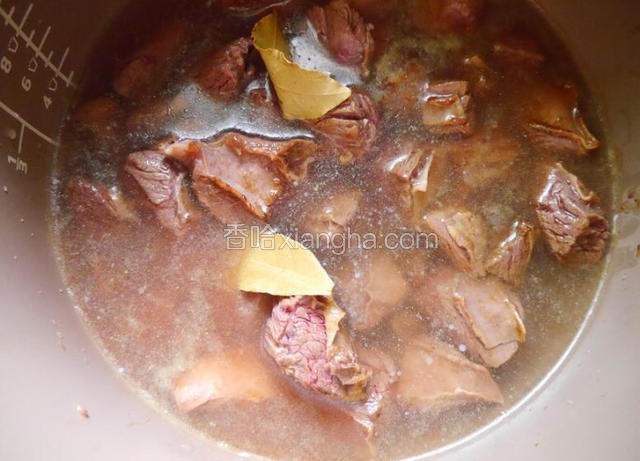 倒入电饭煲中，水盖过牛腩，加月桂叶炖20分钟后把牛腩捞出来