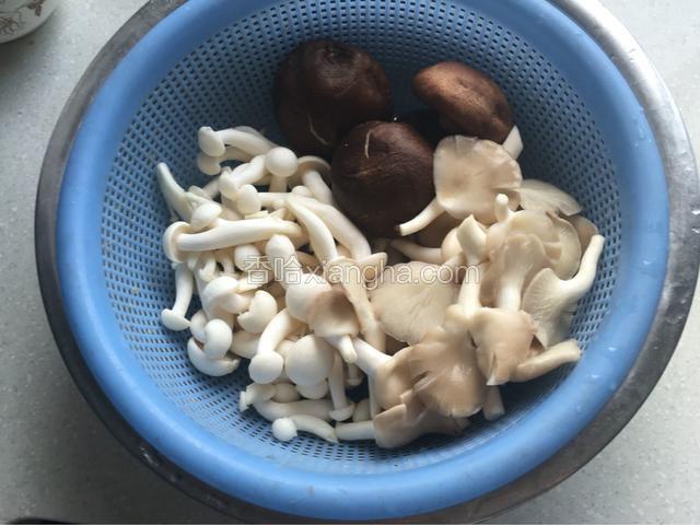 平菇、香菇、白玉菇清洗干净，