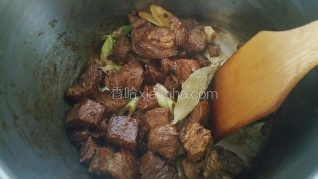 高压锅中加入适量油，下牛肉翻炒匀，加入适量糖，蚝油，老抽翻炒上色，加入花椒粒，大料，香叶，葱姜蒜片炒香，加入适量料酒，添水