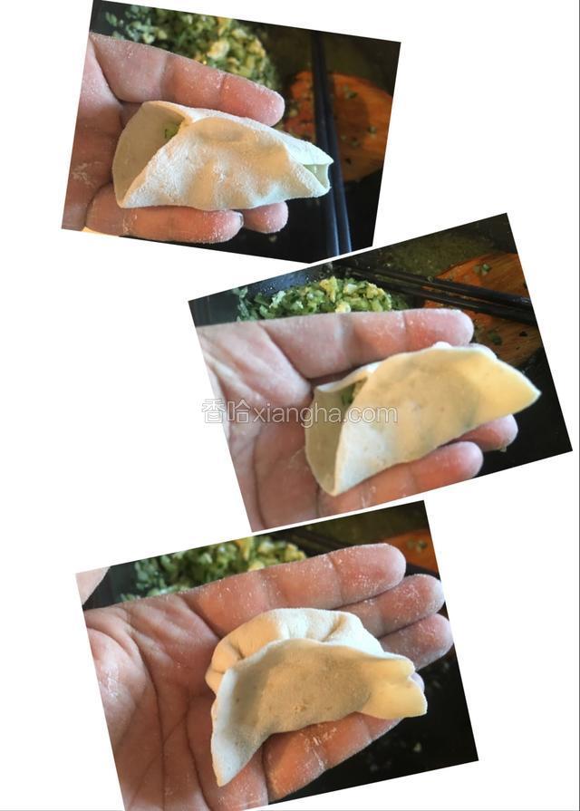 饺子皮上下对折，捏紧中间，先捏紧一边，再捏紧另一边，一个饺子就捏好了。