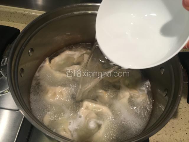 大火烧开，饺子浮在水面上时，倒入适量凉水，继续煮，水开时再倒入适量凉水煮。