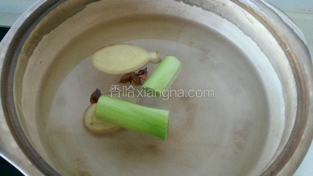 沙锅内加水，水中放葱段、姜片、八角，加热。