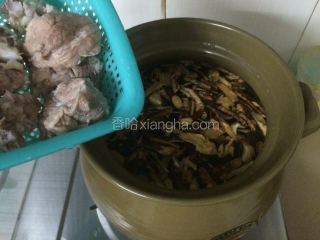 等到锅中五爪毛桃水煮出味后关小火，把绰好水的龙骨倒入汤锅，一起熬煮。