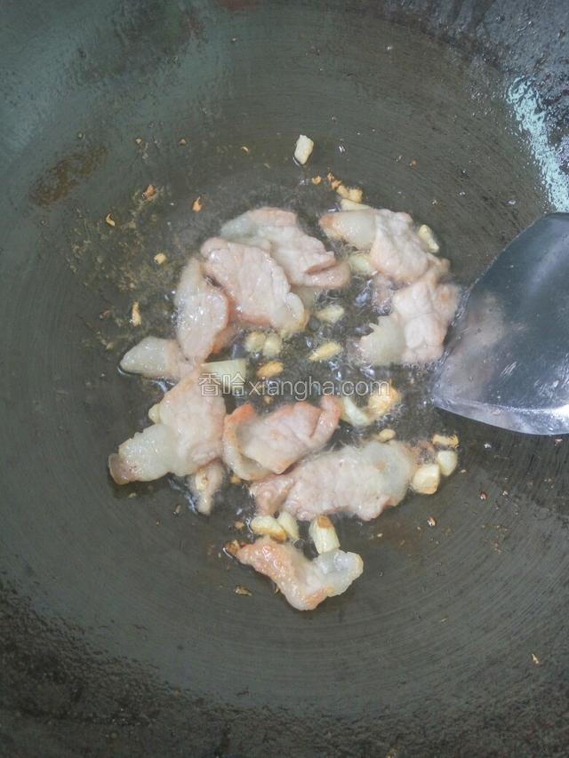 锅内放适量油，放蒜沫，煸香猪肉