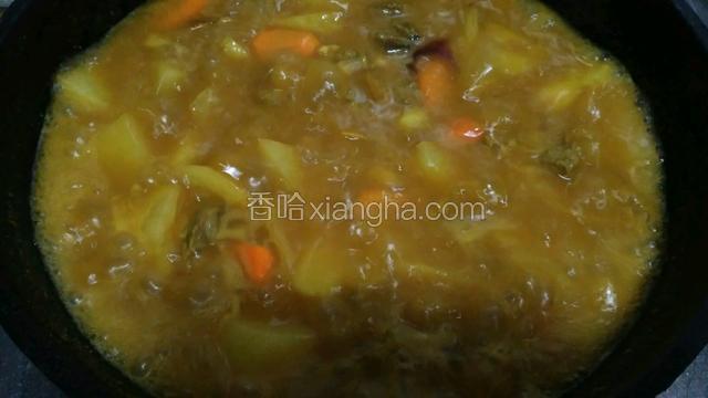 大火烧开加入土豆胡萝卜，加入盐调味
