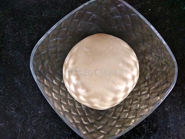 将面团滚圆了盖保鲜膜进行基础发酵。




一发温度为25℃最佳，可以用温度计监测。一发时长约一到一个半小时左右发酵至原来两倍大即可。




发酵判断：食指沾干粉或水戳个洞，若凹痕面积与手指的大小相同，且复原速度缓慢即发酵完成。




若凹痕很快恢复说明未发酵好。




若凹痕周围呈明显下陷或快速下陷，则表示发酵过度，这样的面团很难整形并带有酸味酒味，品质较差。




一发是拉丝的关键，也是一个好面包最基础的保障！




可以用一个方便丈量面团体积的容器，出手套膜后的原面团放进去压平，做个记号，量好高度，如果假设为7cm高，那么再在14cm和17cm两个地方做标记，只要面团在1.5小时内增大到这两个标记之间，就是发酵合格！