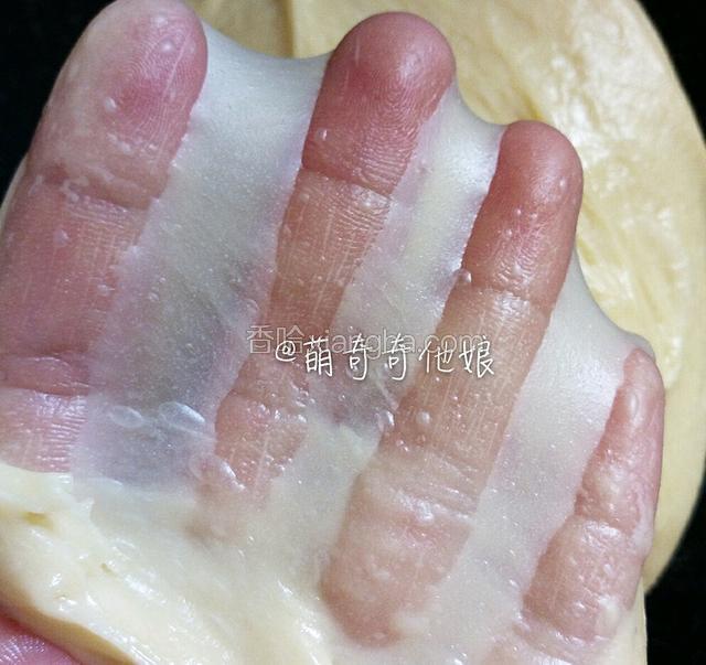 一个合格的手套膜面团表皮下一定是清晰可见许多气泡的，如下图。出现这样的气泡有利于发酵成松软的面包组织，再加上之后发酵到位，做出松软可拉丝的面包完全没有问题！




如果手套膜一撑开就破说明还要摔打，要达到绵软的手感才是进入扩展阶段，连续摔打十来次面摔的很长很细都不断，像做拉面一样，就可以了。




【手套膜的作用】手套膜的作用只是构建均匀的面筋网架帮助面包组织松软得更均匀更细腻。




就像我开头说的，发酵才是面包松软的关键，所以如果你发酵没有做到位，即使有再完美的手套膜也是徒劳！