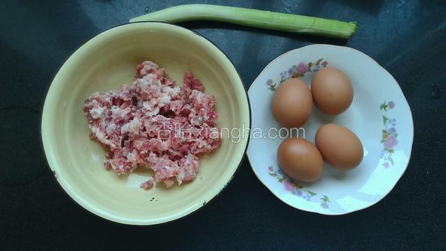 主料集合，绞好三肥七瘦的前肘肉，葱切细小的葱花，鸡蛋打散备用。