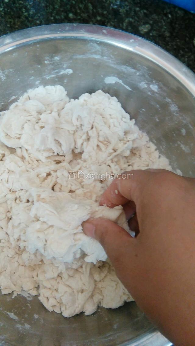 面粉全部变成面块后，用手试试不要太硬也不要太软。