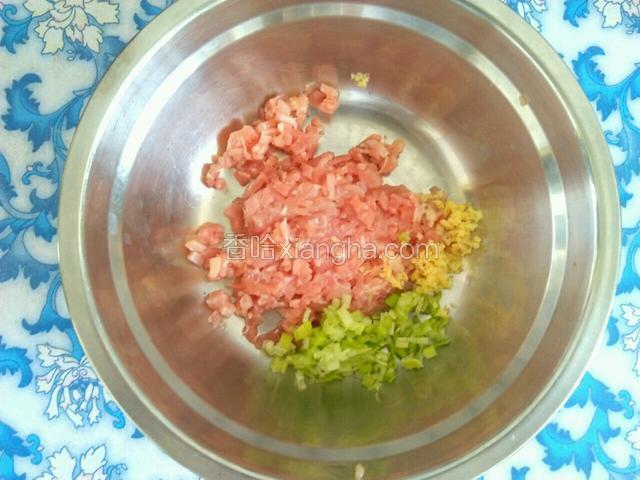 鸡腿洗净，把肉切下来，切肉碎，再把葱，姜切末放入容器（如图）。