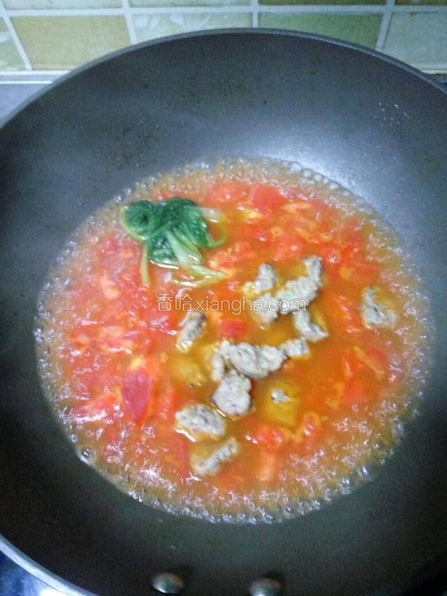 少量加水让番茄更入味最后倒入牛肉丸和焯过水的小青菜
