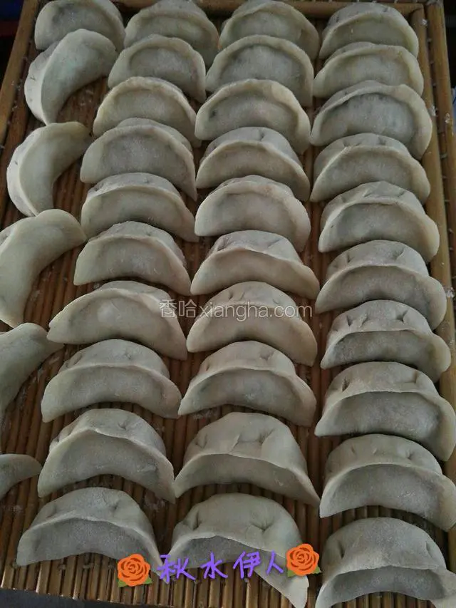 包水饺一个一个摆放整齐，水饺不能太近了，容易粘在一起了，两个水饺之间一手指的距离……