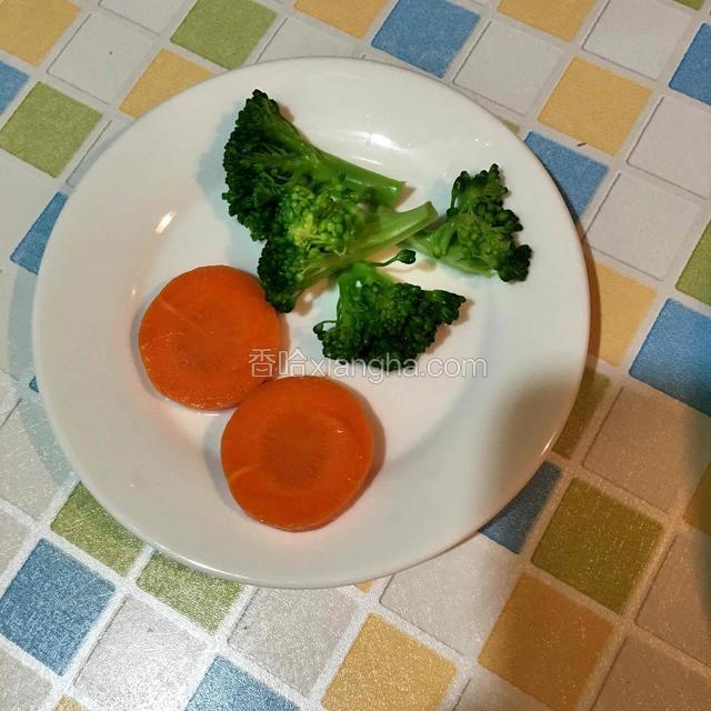 西兰花，胡萝卜洗净切小块，放入加了盐及少许食用油的开水中焯一下