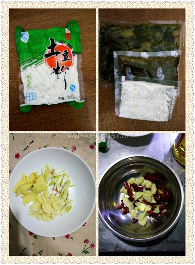 葱姜蒜切片，准备一包土豆粉。然后再分一部分蒜片和干红辣椒放碗里备用！