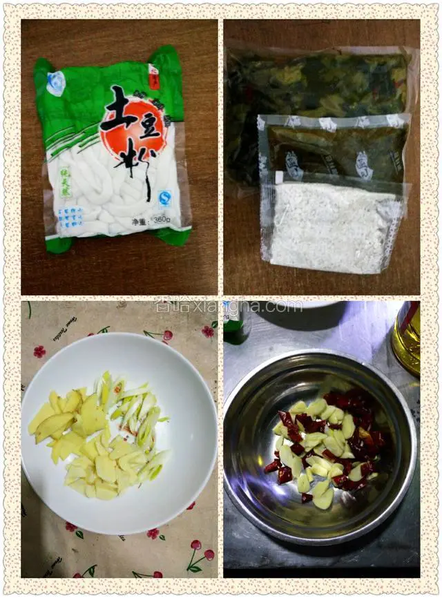葱姜蒜切片，准备一包土豆粉。然后再分一部分蒜片和干红辣椒放碗里备用！