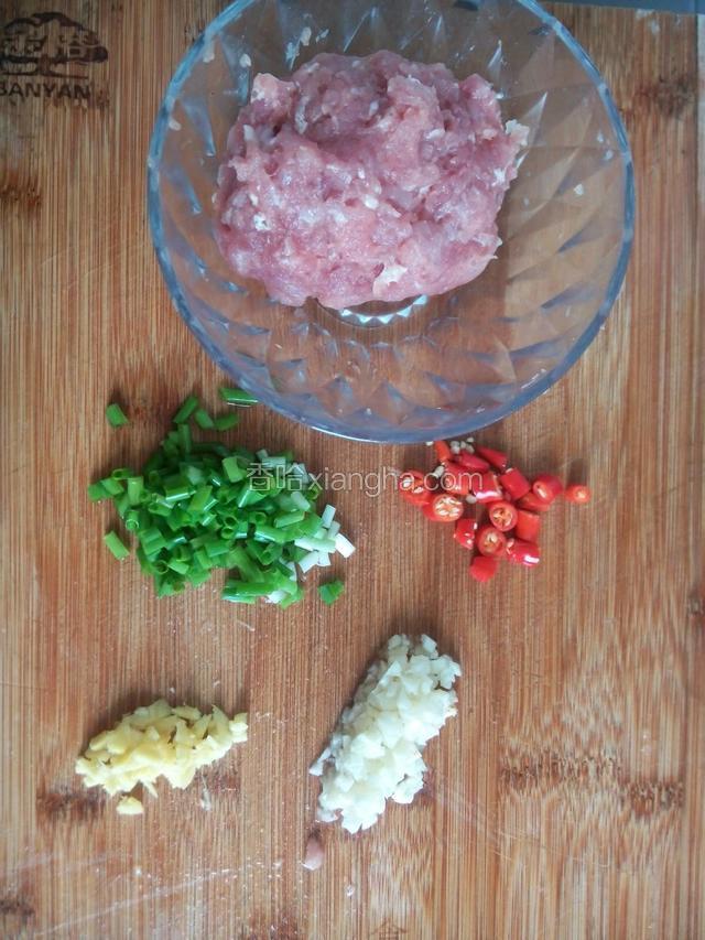 肉剁碎，用盐、鸡精、胡椒粉、少许生粉抓匀腌制备用，葱蒜姜切沫，红椒切圈
