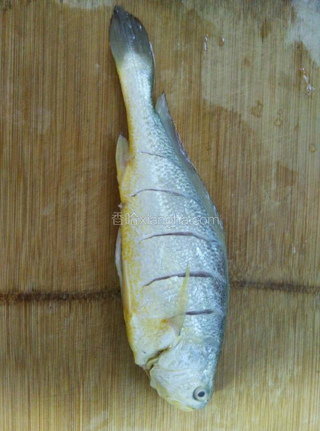 准备黄鱼一条，鱼身两边剜几刀，稍微末点细盐和料酒。