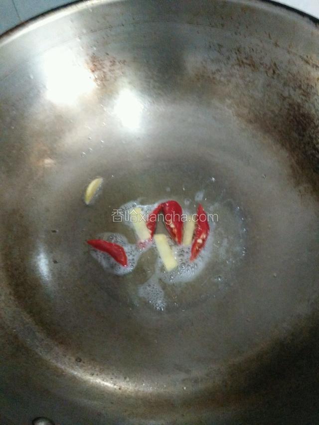 热锅放油，下姜和辣椒。