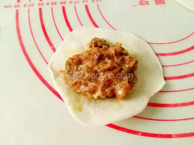 取一个面皮，肉馅放面皮中间，开始包包子。