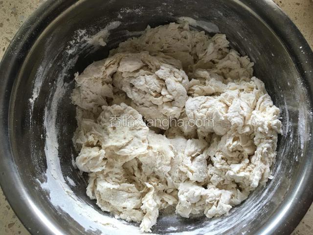 酵母水缓缓加入面粉中，搅拌成絮状。我又多加入了5g水，共计105g水。