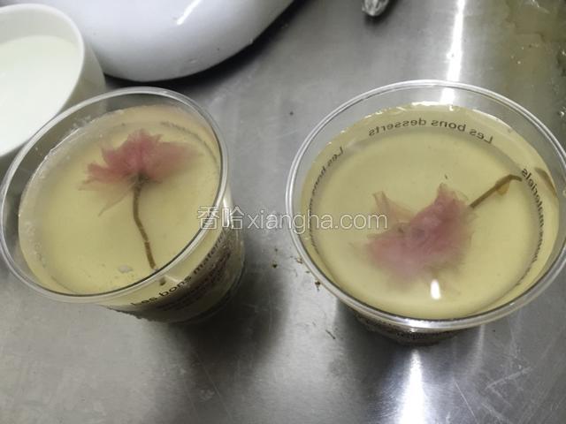 倒入之后加入泡好的樱花.不要动.至完全凝固.放冷藏1小时即可