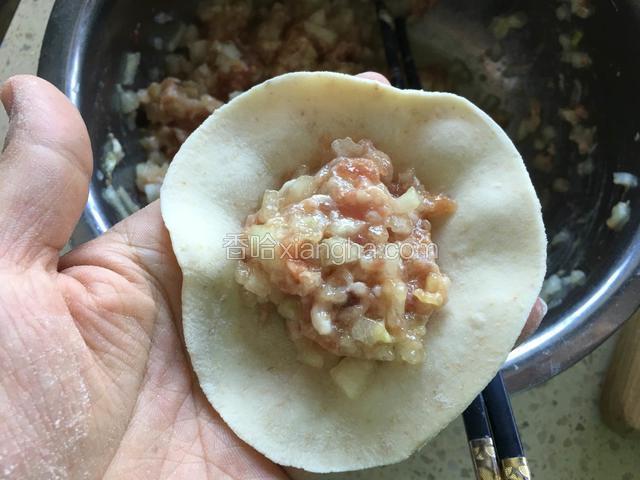 取一个饺子皮，放入适量的冬瓜猪肉馅儿。