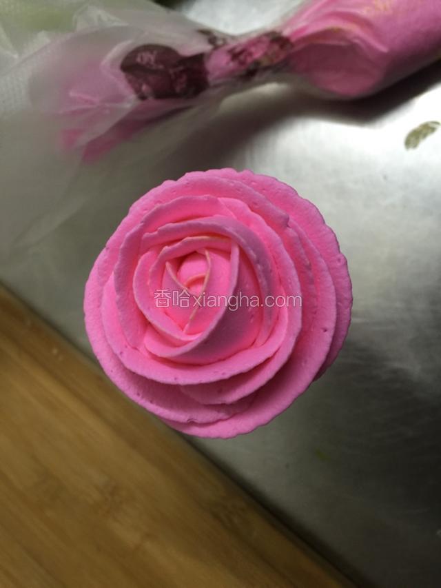.从最外面的花瓣1/2处挤花瓣.再从前一瓣的1/2处挤下一瓣.一层三瓣.慢慢向下展开.从15度角向下挤花瓣慢慢展开35度左右.花瓣会自然开放