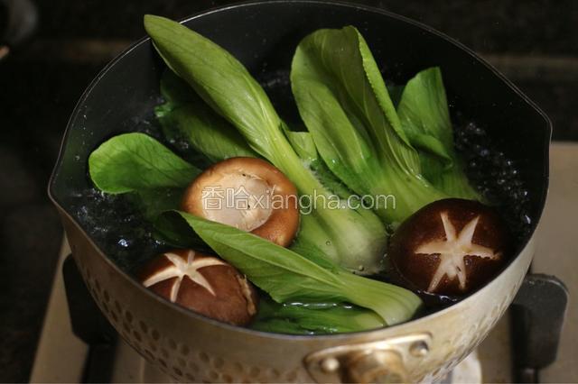 焖煮同时，另起一锅，加清水烧开，加些盐和油。放入青菜和香菇焯一下。捞出过一下冷水，保证蔬菜色泽鲜亮。
