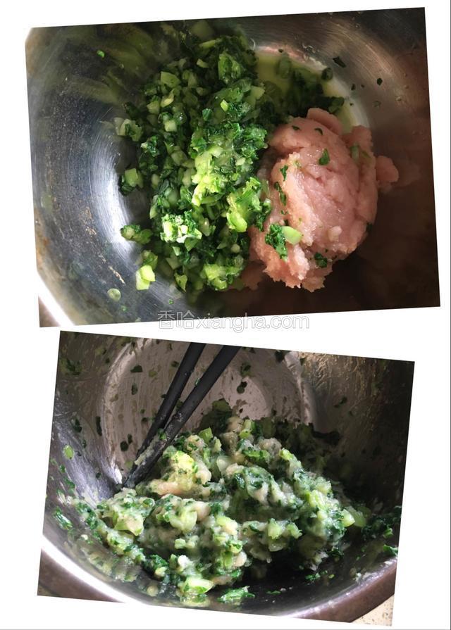 肉泥和菜泥混合，搅拌均匀。