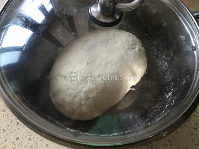 面粉中加入清水搅拌均匀，用手揉成光滑的面团放在盆内，盖盖子静置20分钟。