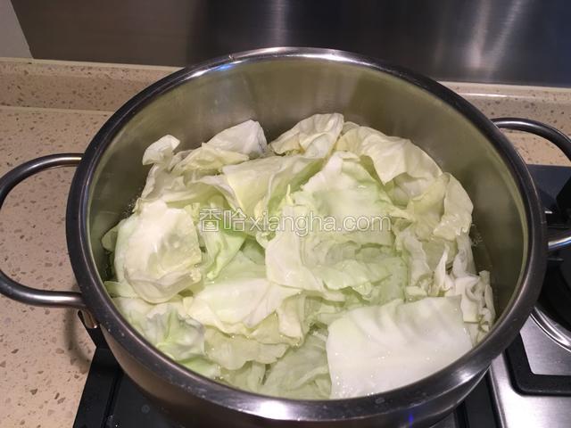 包包菜洗干净，手撕小块儿开水中焯烫。