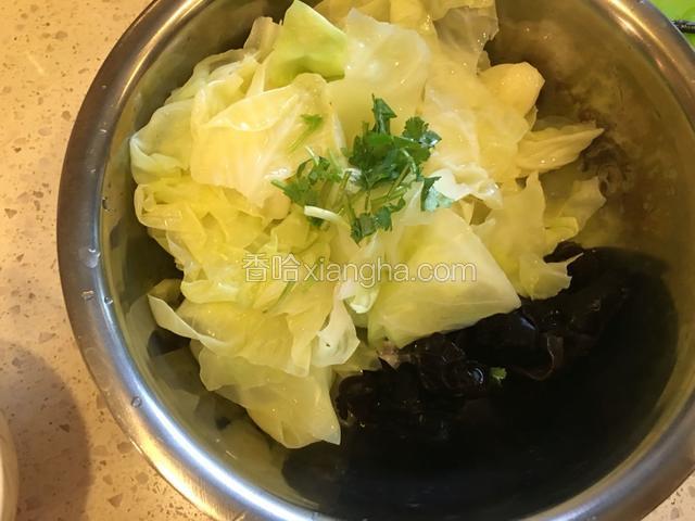 把包包菜、木耳和香菜放进盆子里。