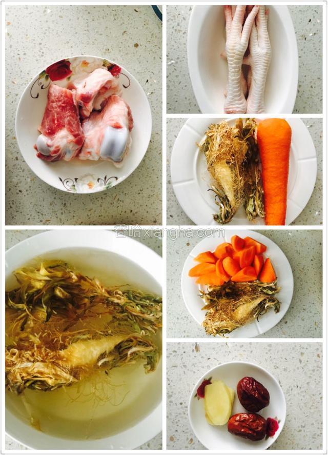 将猪骨冷水下锅，放入鸡脚，胡萝卜，姜片，蜜枣，烧沸后转小火慢煲四十分钟加入霸王花，然后再煲一个小时多点
