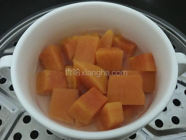 加入木瓜倒入适量的清水刚好末过冰糖盖上盖子中小火蒸15分钟