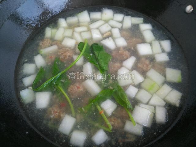 然后放冬瓜和菠菜，还有提前泡好的粉丝一起下锅。出锅前加适量的盐和鸡精，滴几滴调料油即可。