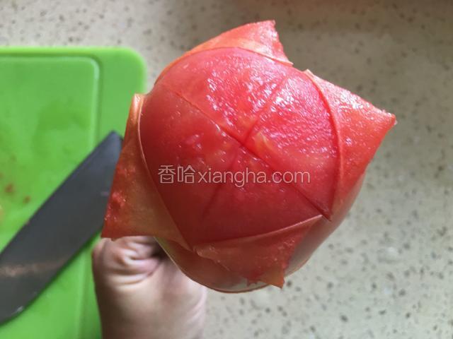 西红柿顶端切十字刀口，用叉子插入蒂部，在火上烤至西红柿破皮，将表皮撕去。