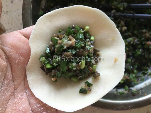 取一个饺子皮，中间放入适量的饺子馅儿。